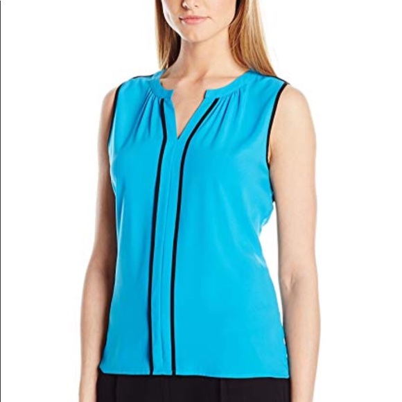 NWT Calvin Klein Blue Piped Sleeveless Blouse - Picture 5 of 8